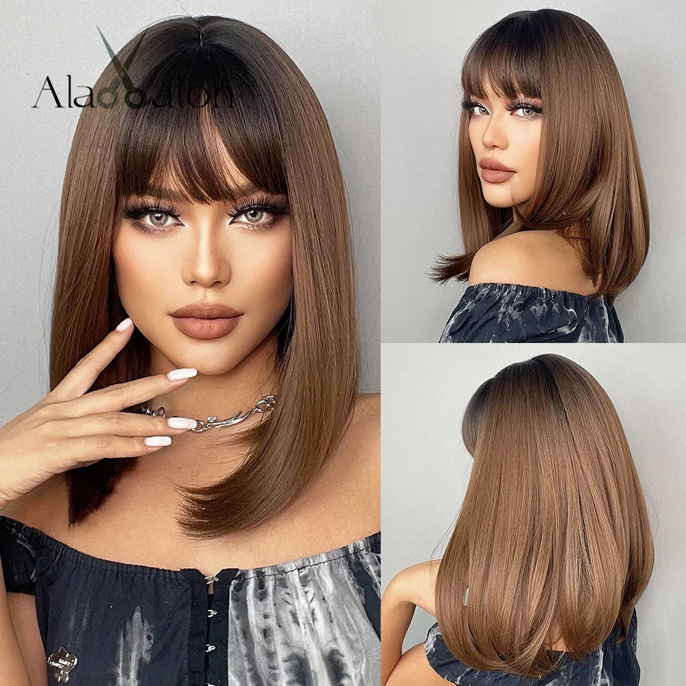 ALAN EATON Blonde Synthetic Bangs Wigs Short Straight Mixed Brown Wigs for Black Women Daily Cosplay Party Use Heat Resistant