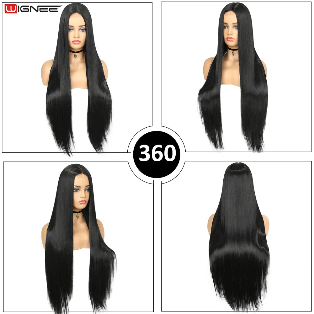 Wignee Long Straight Wig 30 Inch Black Wig Middle Part Lace Wigs With High Lights Synthetic Hair Wigs For Black Women Cosplay