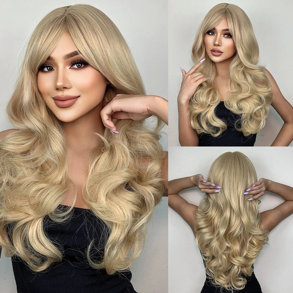 HENRY MARGU Long Natural Wavy Platinum Blonde Wigs with Bangs Cosplay Party Lolita Synthetic Wigs for Women Heat Resistant Fiber