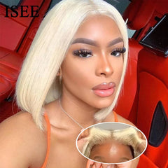 ISEE Hair Wear Go Blonde 613 Lace Front Wigs Bone Straight Transparent Lace Wig Glueless HD Short Bob Human Hair Wigs PrePlucked