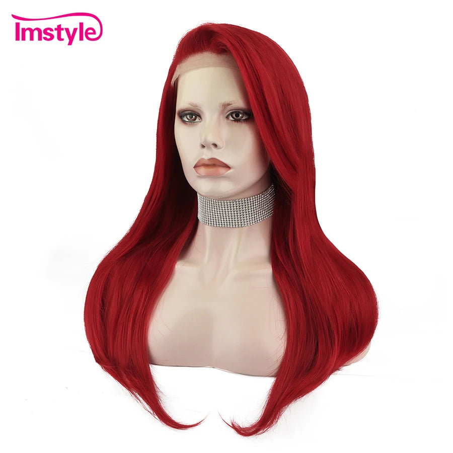 Imstyle Red Wigs Pink Straight Synthetic Lace Front Wig Heat Resistant Fibet Glueless Grey Yellow Wigs For Women Cosplay