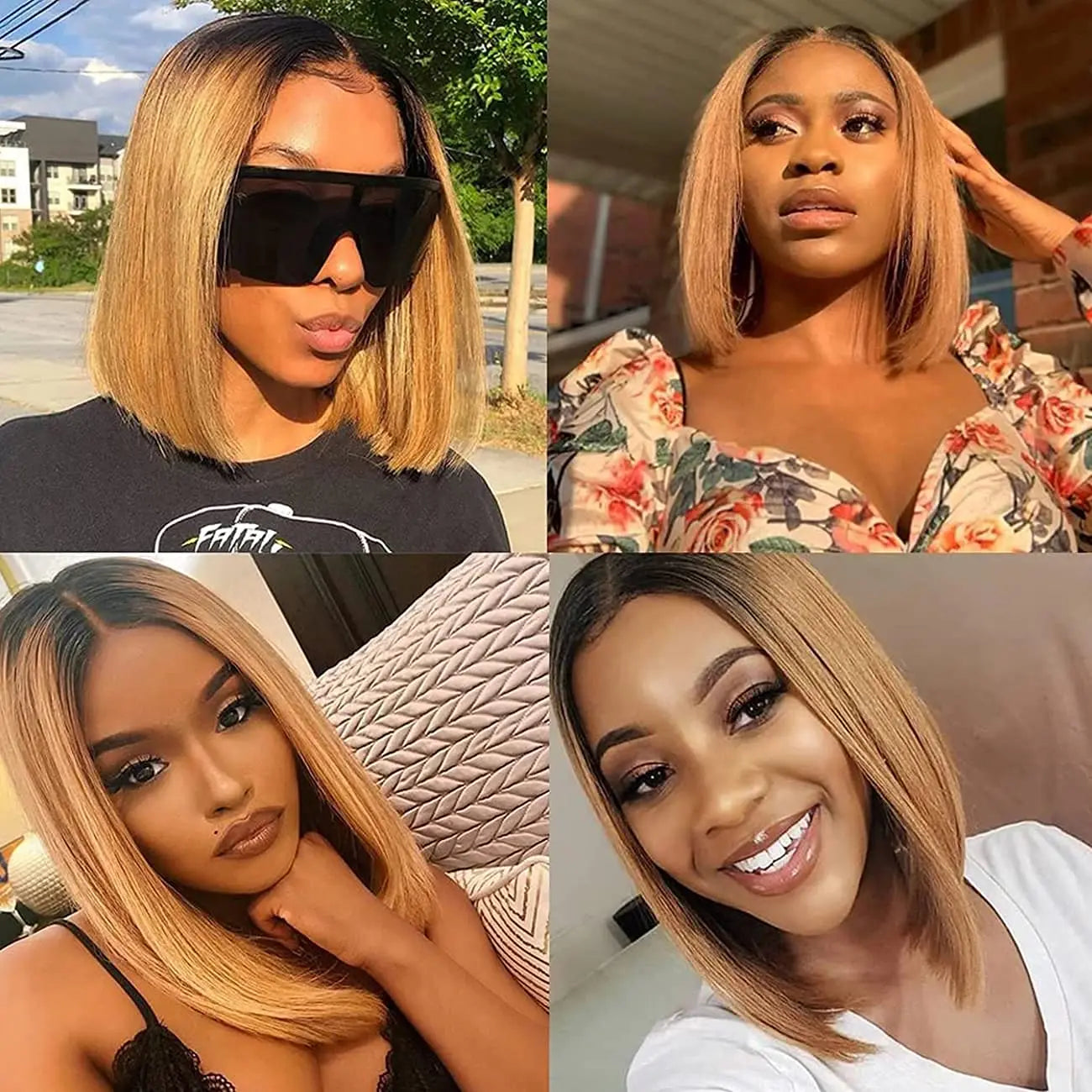 Sunray Lace front Ombre Honey Blonde Bob Wig 13x1 Honey Brown Straight Human Hair Wigs Lace Part Brown Wigs For Black Women