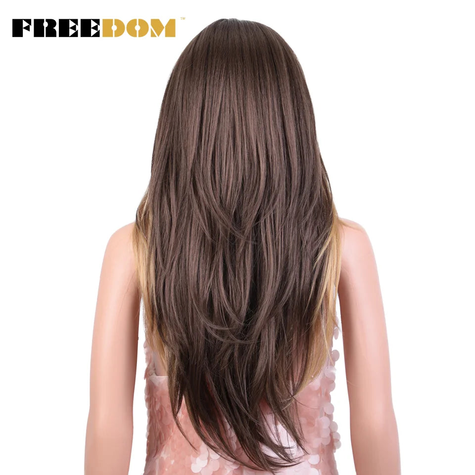 FREEDOM Synthetic Lace Front Wig Long Straight Lace Wig With Bangs Ombre Orange Blonde Wigs For Black Women Cosplay Lace Wigs