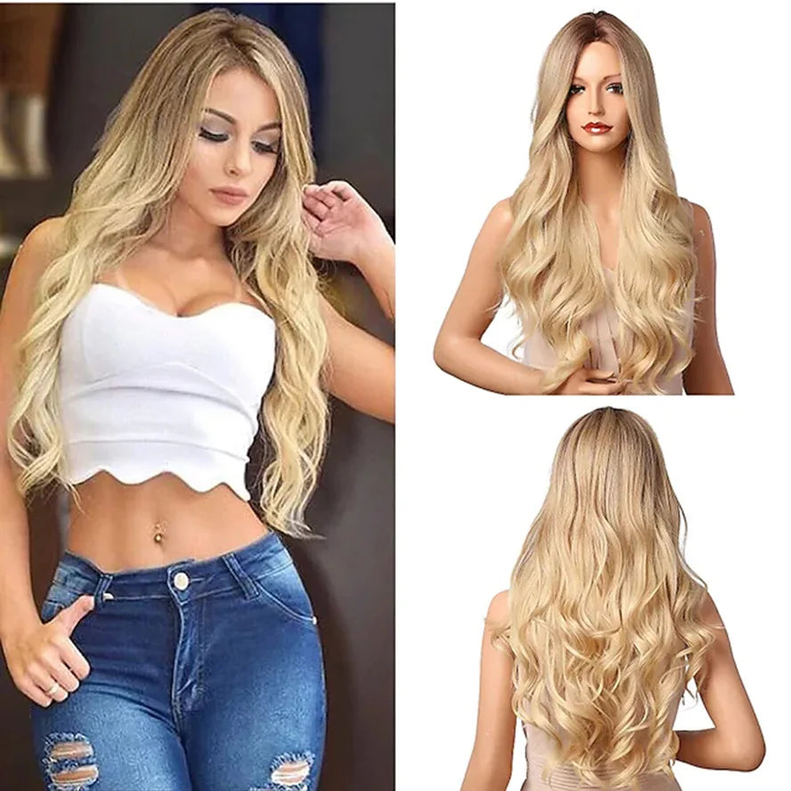 Brown Gradient Gold Ladies Wigs Medium-Length Curly Hair Natural Wavy Wigs White Female Wigs Daily Wigs Blonde Wigs for Women