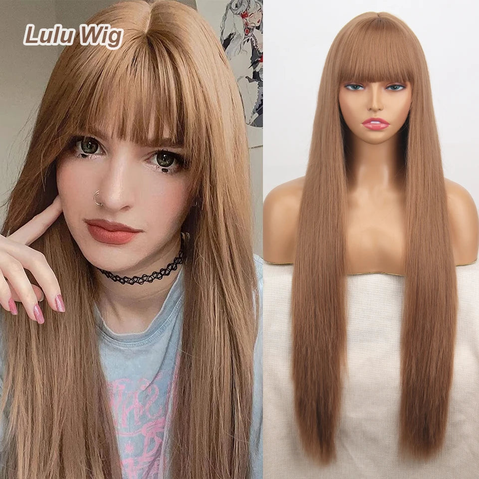 Long Straight Wine Red Wig With Bang Synthetic Wigs for Women Heat Resistant Natural Hair for Daily Halloween Cosplay Party