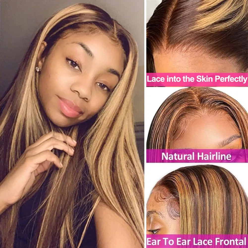 Glueless Highlight Wig Human Hair 360 13x6 HD Lace Frontal Wigs Human Hair Ombre Honey Blonde 13x4 Straight HD Lace Front Wigs