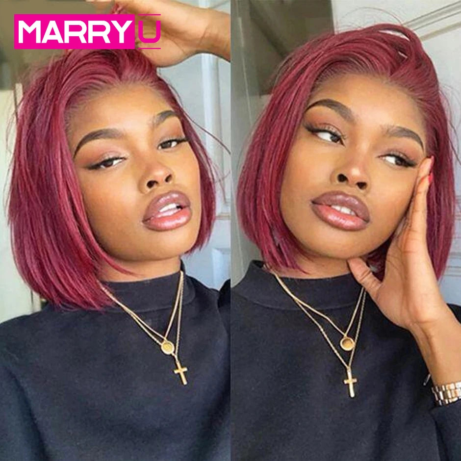 99J Burgundy Wig Red Bob Wig Brazilian Straight Hair Wig Pre-plucked 13x4 Lace Frontal Human Hair Wig For Women Lace Closure Wig