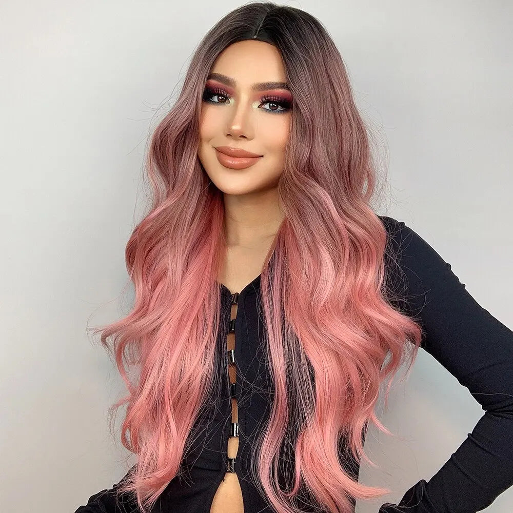 Pink Wigs For Women Long Wavy Wig Middle Part Cosplay Wig Synthetic Heat Resistant Wig Natural Hair Looking