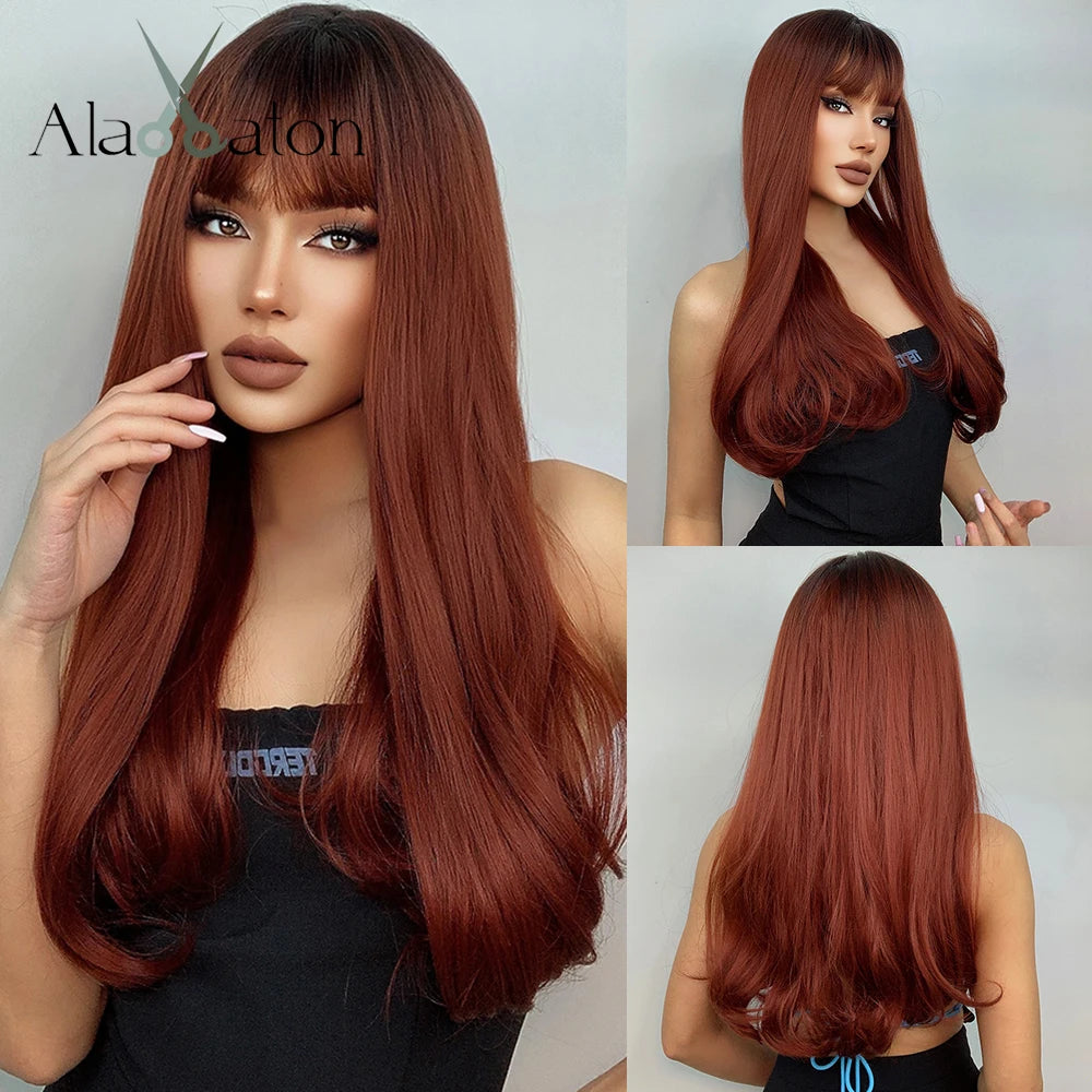 ALAN EATON Long Straight Synthetic Wigs for Women Red Brown Copper Ginger Wigs with Bangs Cosplay Daily Party Heat Resistant