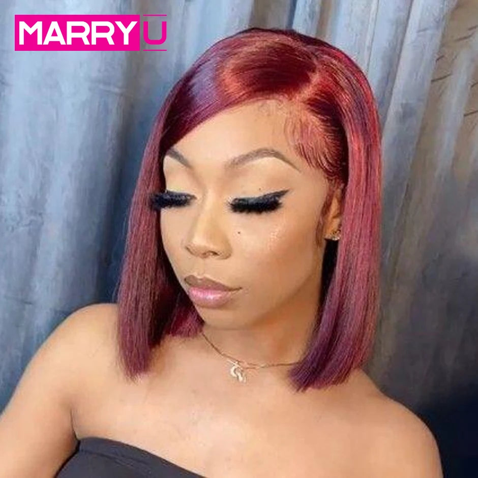 99J Burgundy Wig Red Bob Wig Brazilian Straight Hair Wig Pre-plucked 13x4 Lace Frontal Human Hair Wig For Women Lace Closure Wig