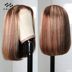 UNice Hair Pre-Cut Lace 6x4.75 Bob Wig Honey Blonde Highlight Wig Human Hair Short Straight Wigs