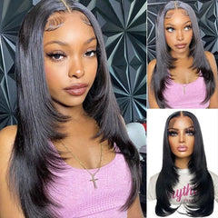 Layered Cut Wig Straight Lace Front Wig Human Hair for Women Straight Pre Plucked with Baby Hair 180% Density Natural Black Wig