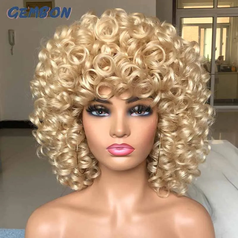 Short Hair Afro Curly Wig Natural Blonde Wigs with Bangs Cosplay Lolita Synthetic Wigs for Women Heat Resistant Fiber Highlight