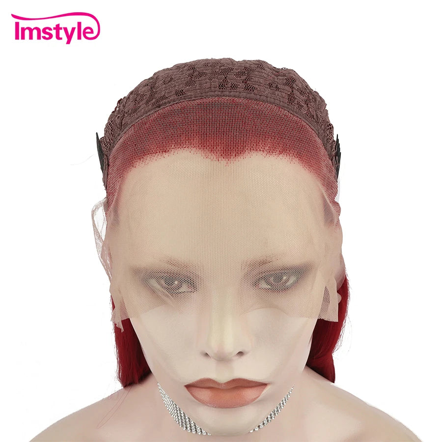 Imstyle Red Wigs Pink Straight Synthetic Lace Front Wig Heat Resistant Fibet Glueless Grey Yellow Wigs For Women Cosplay