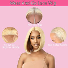 ISEE Hair Wear Go Blonde 613 Lace Front Wigs Bone Straight Transparent Lace Wig Glueless HD Short Bob Human Hair Wigs PrePlucked