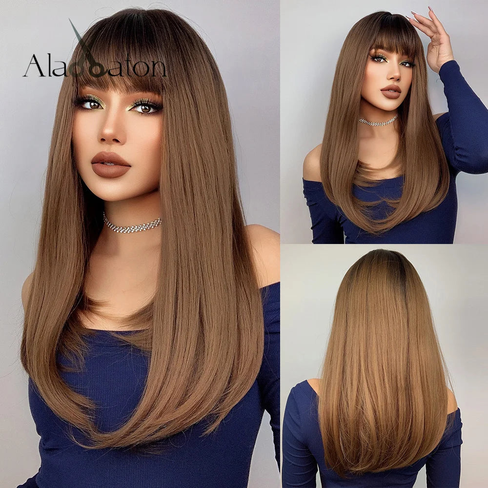 ALAN EATON Blonde Synthetic Bangs Wigs Short Straight Mixed Brown Wigs for Black Women Daily Cosplay Party Use Heat Resistant