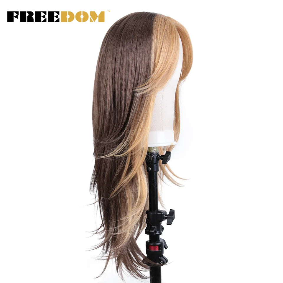 FREEDOM Synthetic Lace Front Wig Long Straight Lace Wig With Bangs Ombre Orange Blonde Wigs For Black Women Cosplay Lace Wigs