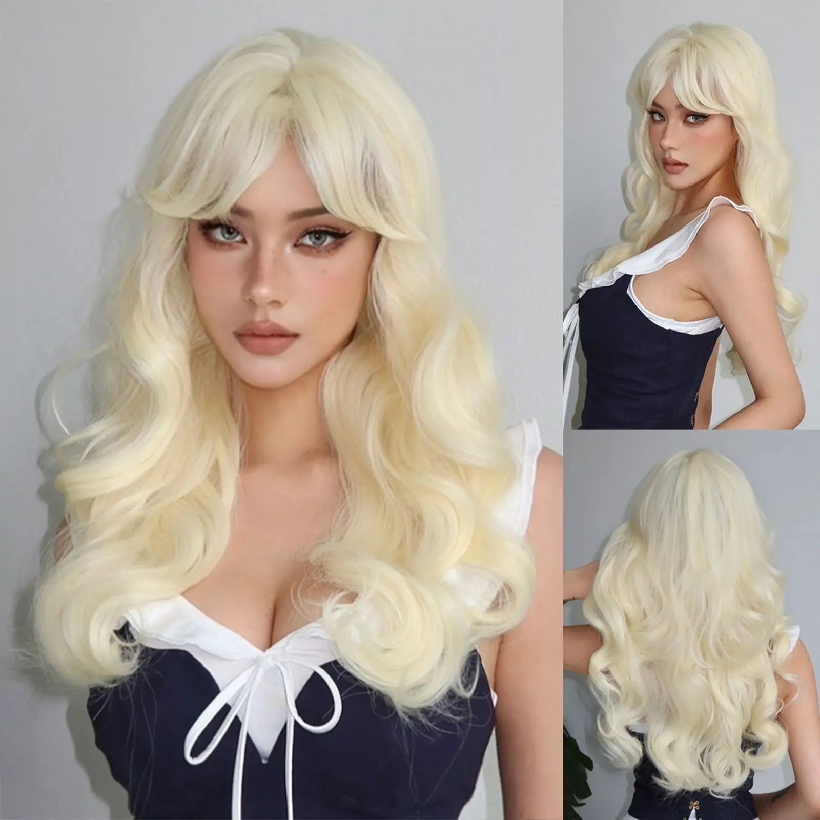 HENRY MARGU Long Natural Wavy Platinum Blonde Wigs with Bangs Cosplay Party Lolita Synthetic Wigs for Women Heat Resistant Fiber