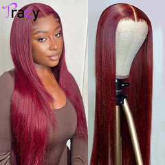 TRACY HAIR Burgundy 13x4 HD Transparent Lace Front Human Hair Wigs 99J Brazilian Remy Straight Lace Frontal Wig For Women