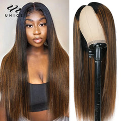 UNice Highlight Wig V Part Wig Human Hair Balayage Straight Wig V / U Shape Glueless Wig U-part Wig Wear Your Realscalp