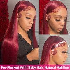 99J Burgundy Lace Front Wig Human Hair 13X4 Straight Red Colored Lace Frontal Human Hair Wigs for Women Lace Front Wig 13X6