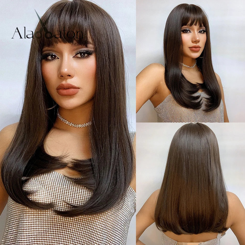 ALAN EATON Blonde Synthetic Bangs Wigs Short Straight Mixed Brown Wigs for Black Women Daily Cosplay Party Use Heat Resistant