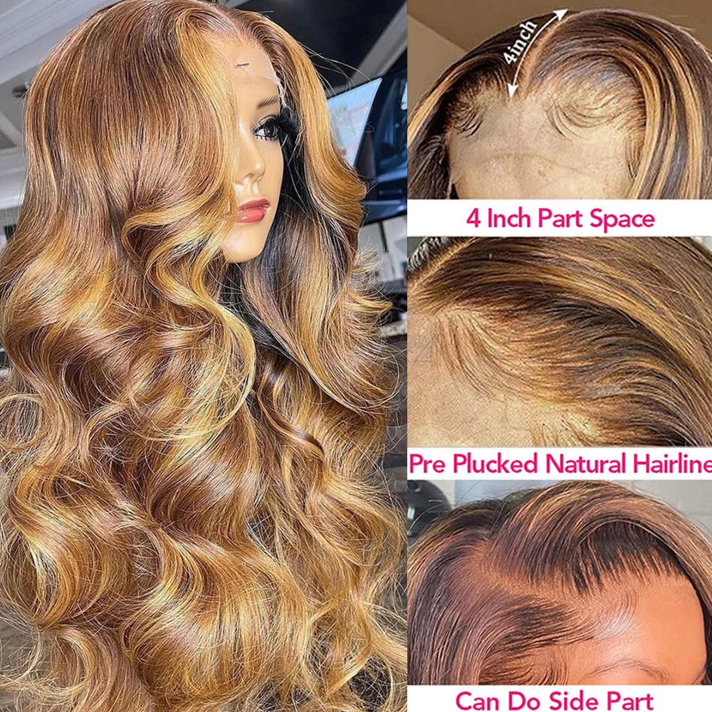 13x6 Highlight Wig Human Hair Body Wave 360 Full HD Lace Frontal Wigs For Women Brazilian Human Hair Honey Blonde Lace Front Wig