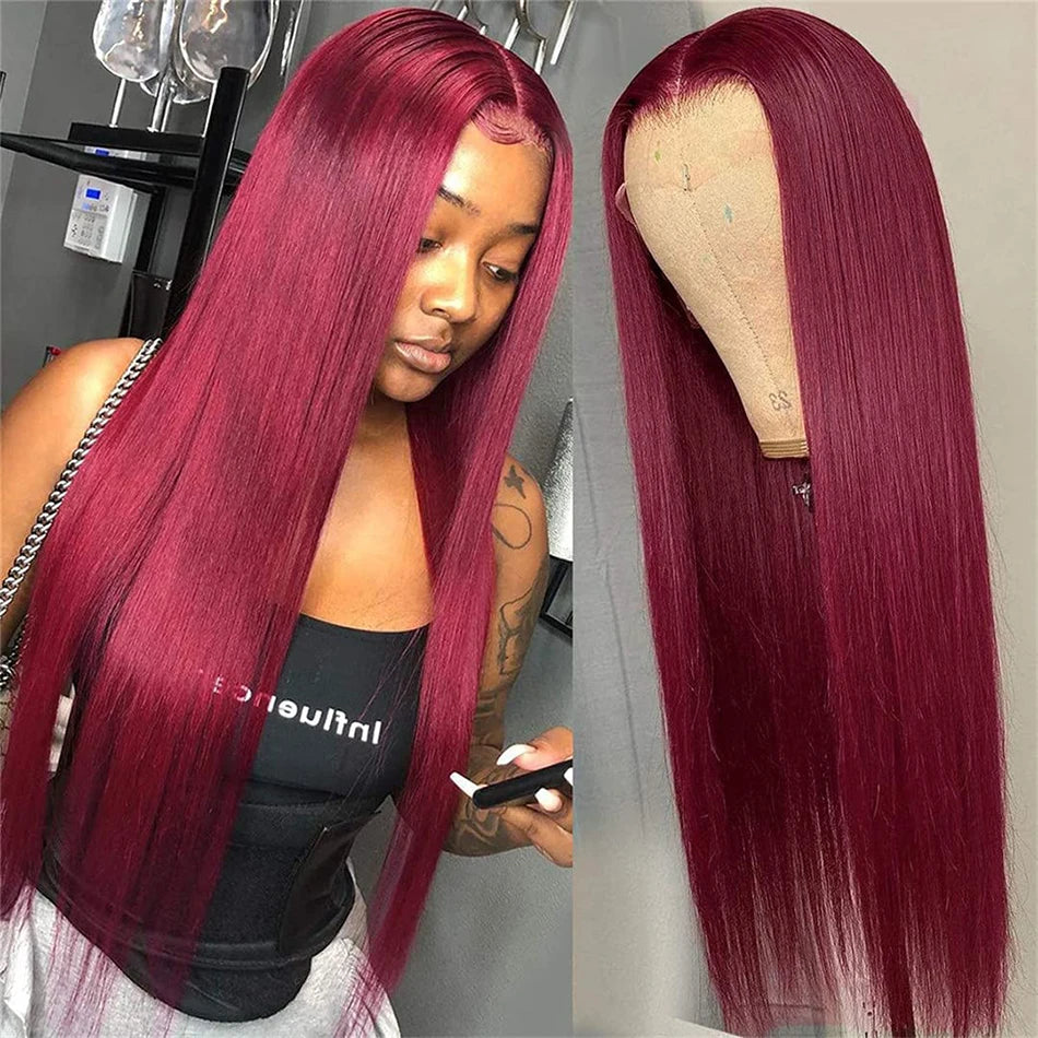 Wiggogo Bone Straight Lace Front Wigs Human Hair 99J Burgundy Lace Front Wig 13X4 13X6 Hd Lace Frontal Wigs Glueless Red Wigs