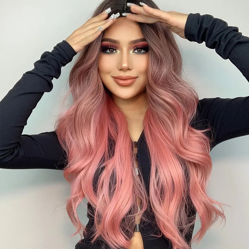 Pink Wigs For Women Long Wavy Wig Middle Part Cosplay Wig Synthetic Heat Resistant Wig Natural Hair Looking