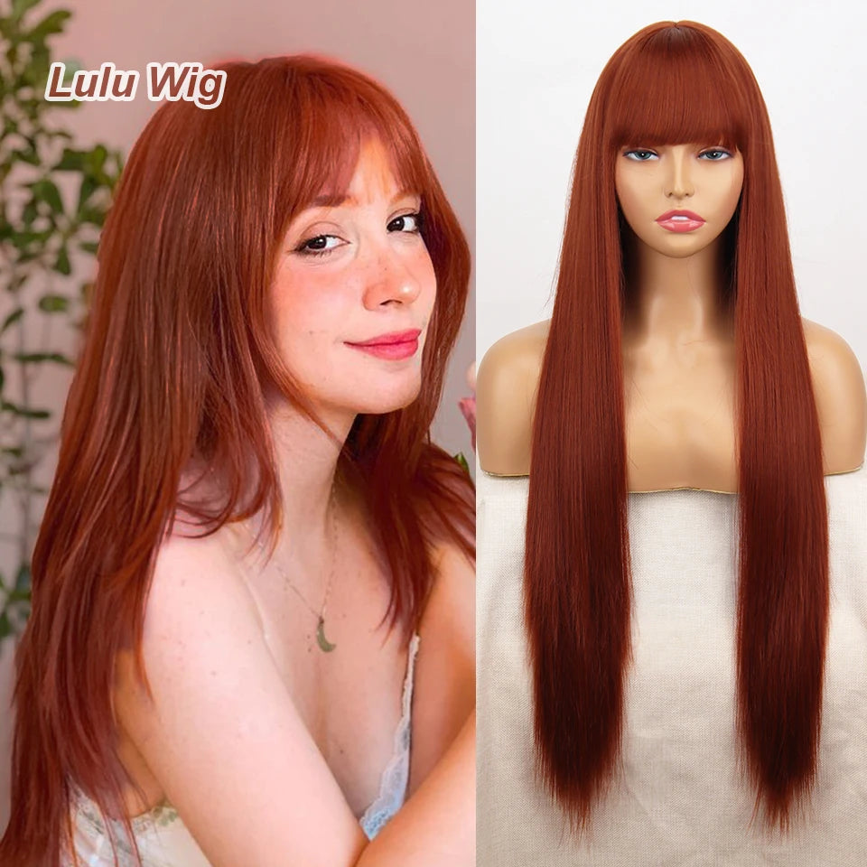 Long Straight Wine Red Wig With Bang Synthetic Wigs for Women Heat Resistant Natural Hair for Daily Halloween Cosplay Party