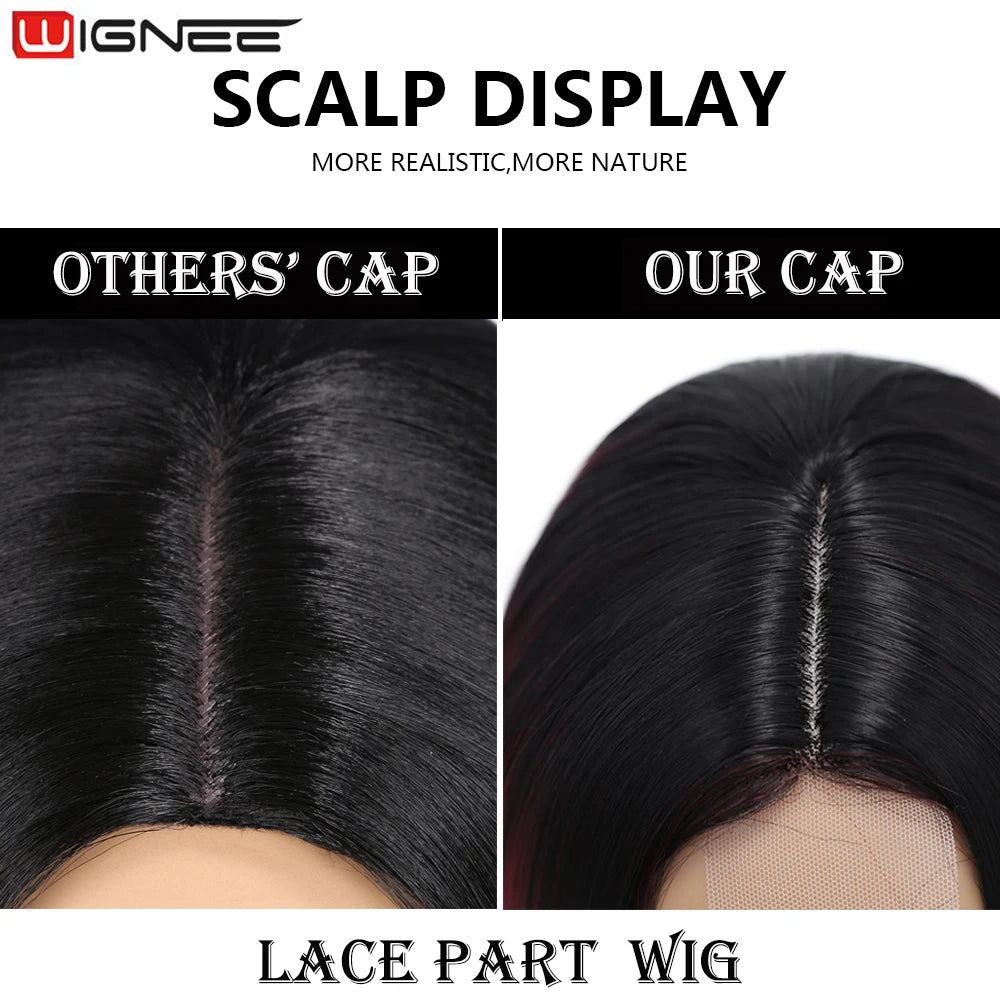 Wignee Long Straight Wig 30 Inch Black Wig Middle Part Lace Wigs With High Lights Synthetic Hair Wigs For Black Women Cosplay