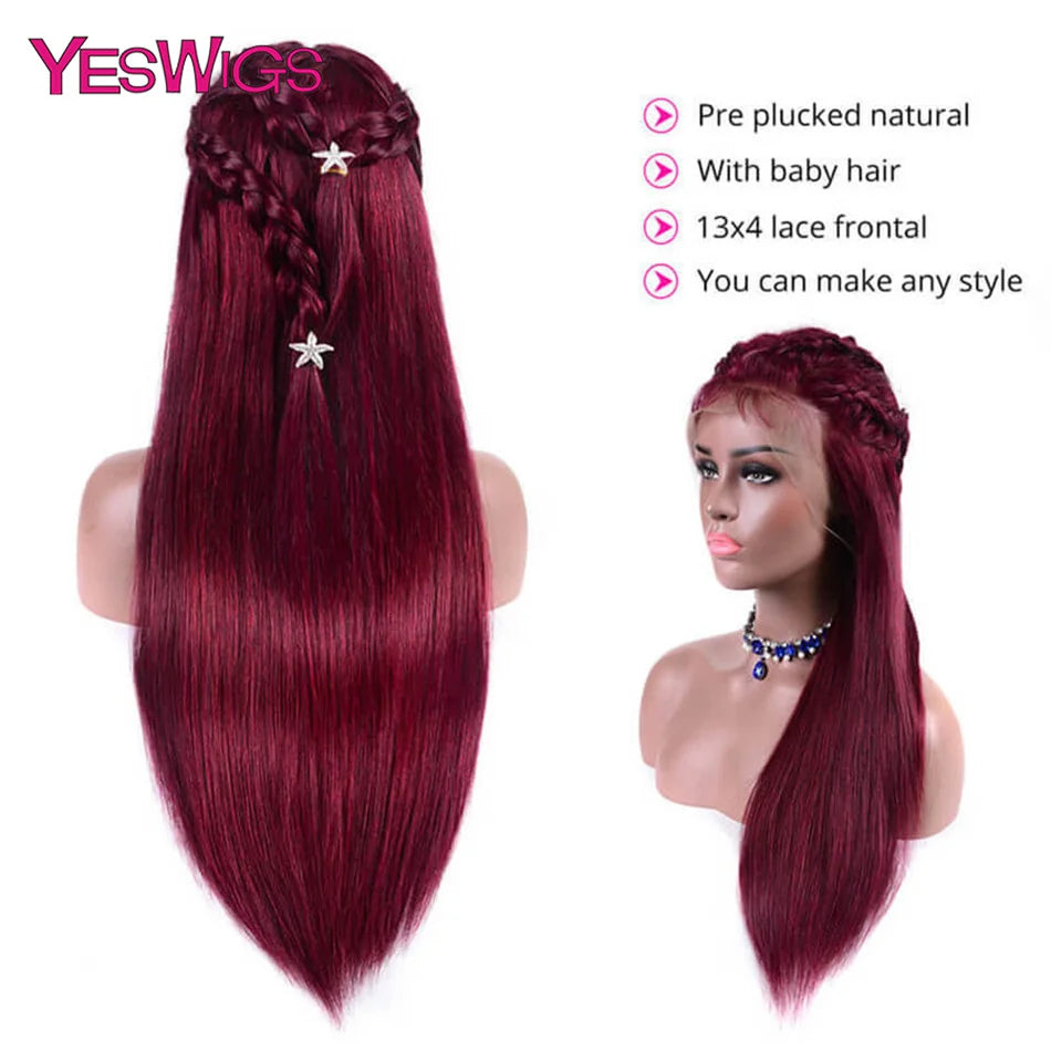 HD Burgundy 99J Straight 13x4 Lace Front Human Hair Wigs For Women Glueless Pre Pluck Wine Red Colored Lace Frontal Closure Wig