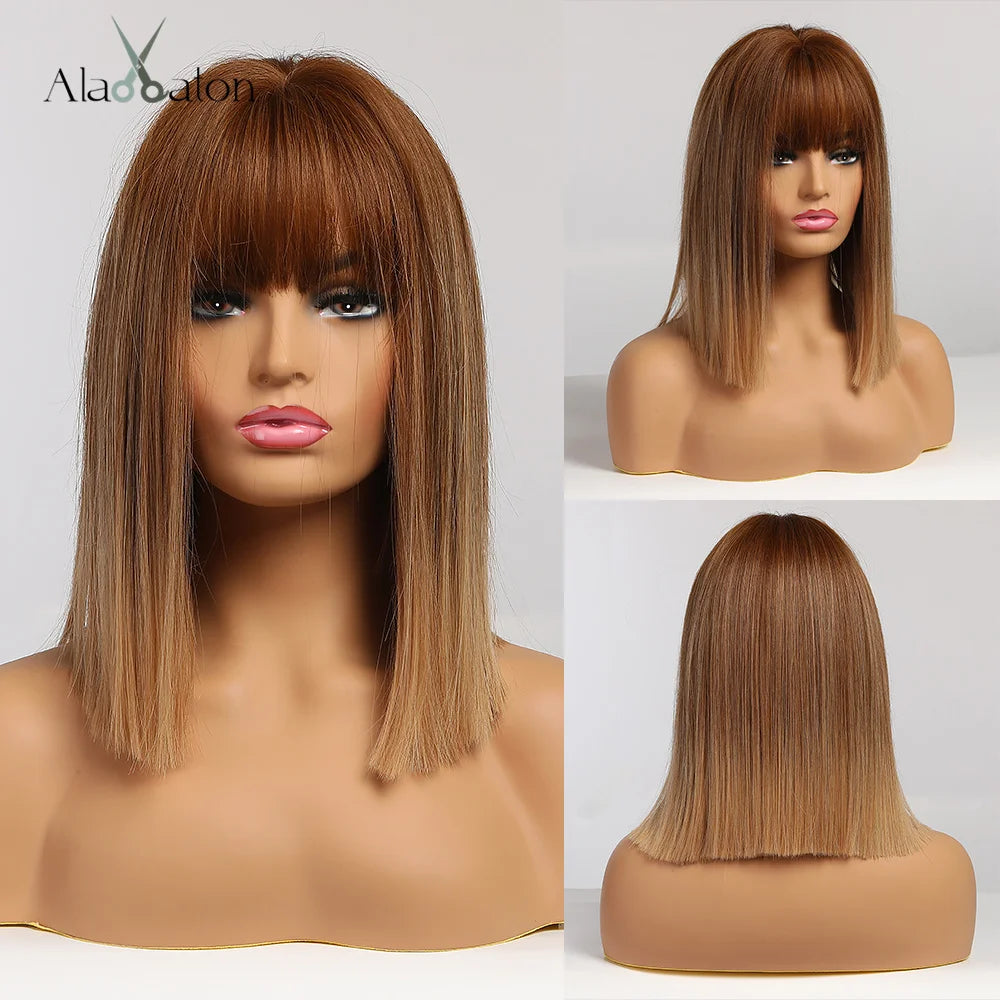 ALAN EATON Blonde Synthetic Bangs Wigs Short Straight Mixed Brown Wigs for Black Women Daily Cosplay Party Use Heat Resistant