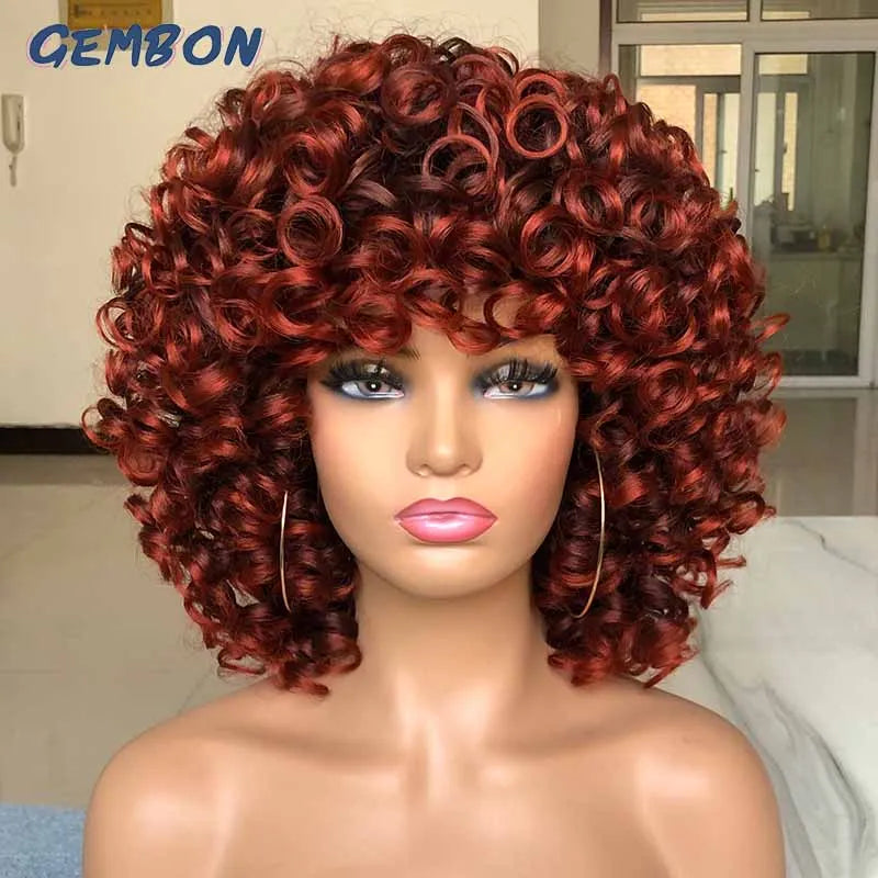 Short Hair Afro Curly Wig Natural Blonde Wigs with Bangs Cosplay Lolita Synthetic Wigs for Women Heat Resistant Fiber Highlight