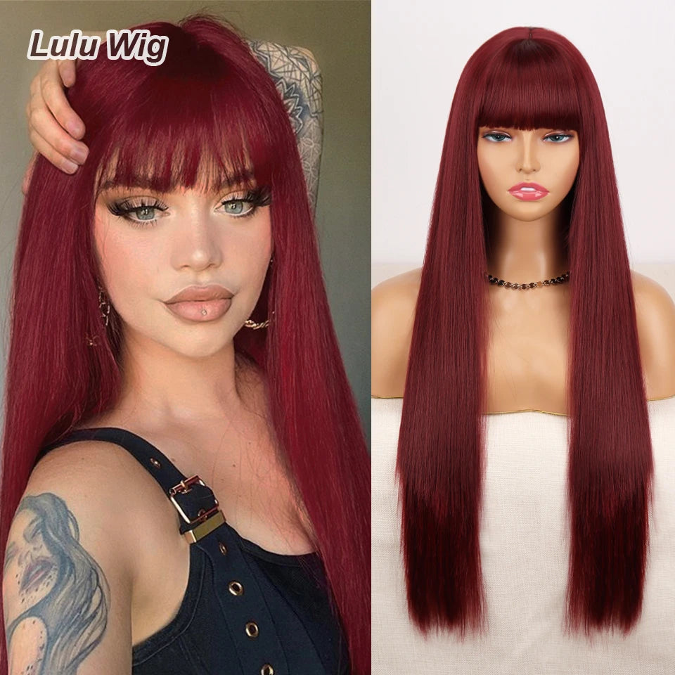 Long Straight Wine Red Wig With Bang Synthetic Wigs for Women Heat Resistant Natural Hair for Daily Halloween Cosplay Party