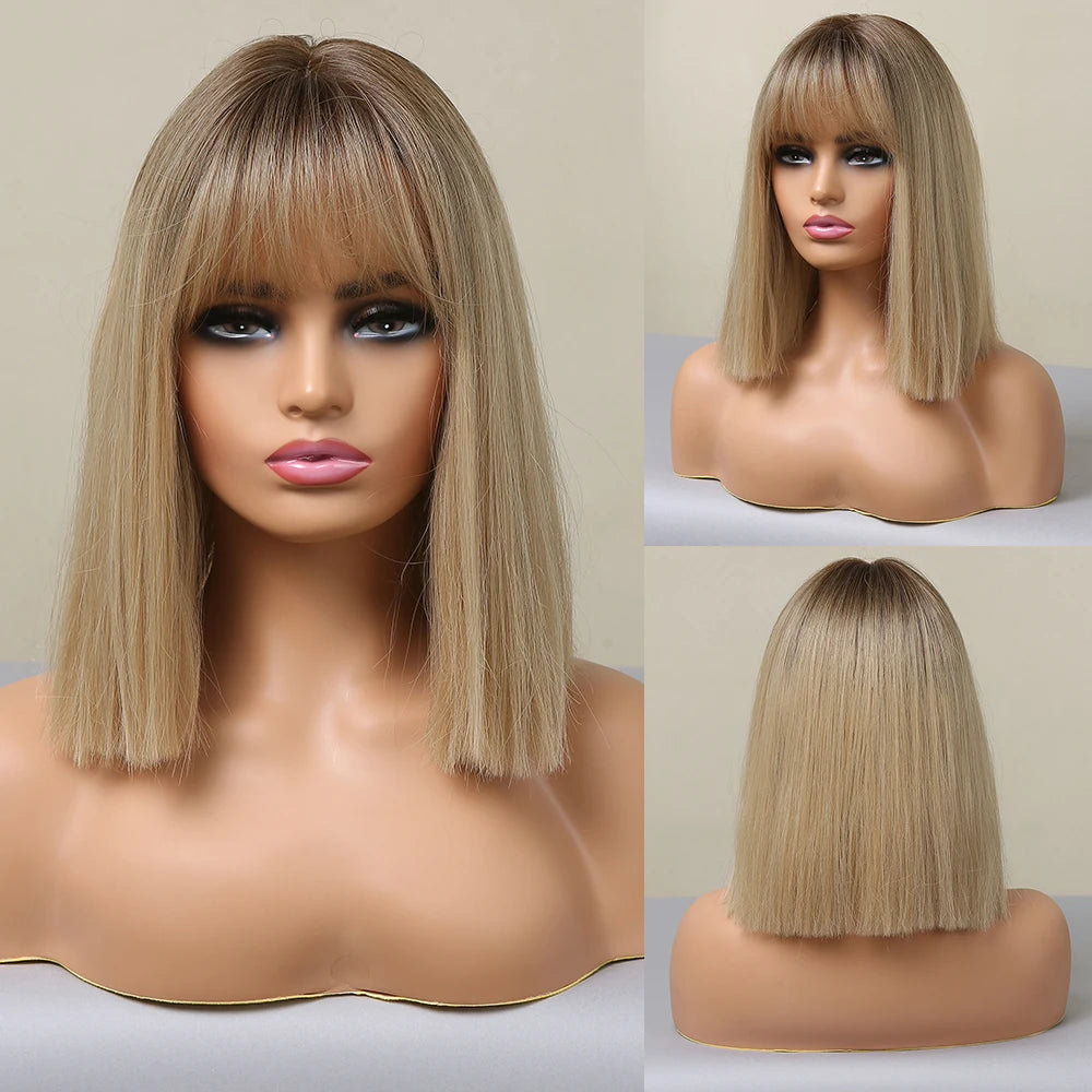 ALAN EATON Blonde Synthetic Bangs Wigs Short Straight Mixed Brown Wigs for Black Women Daily Cosplay Party Use Heat Resistant