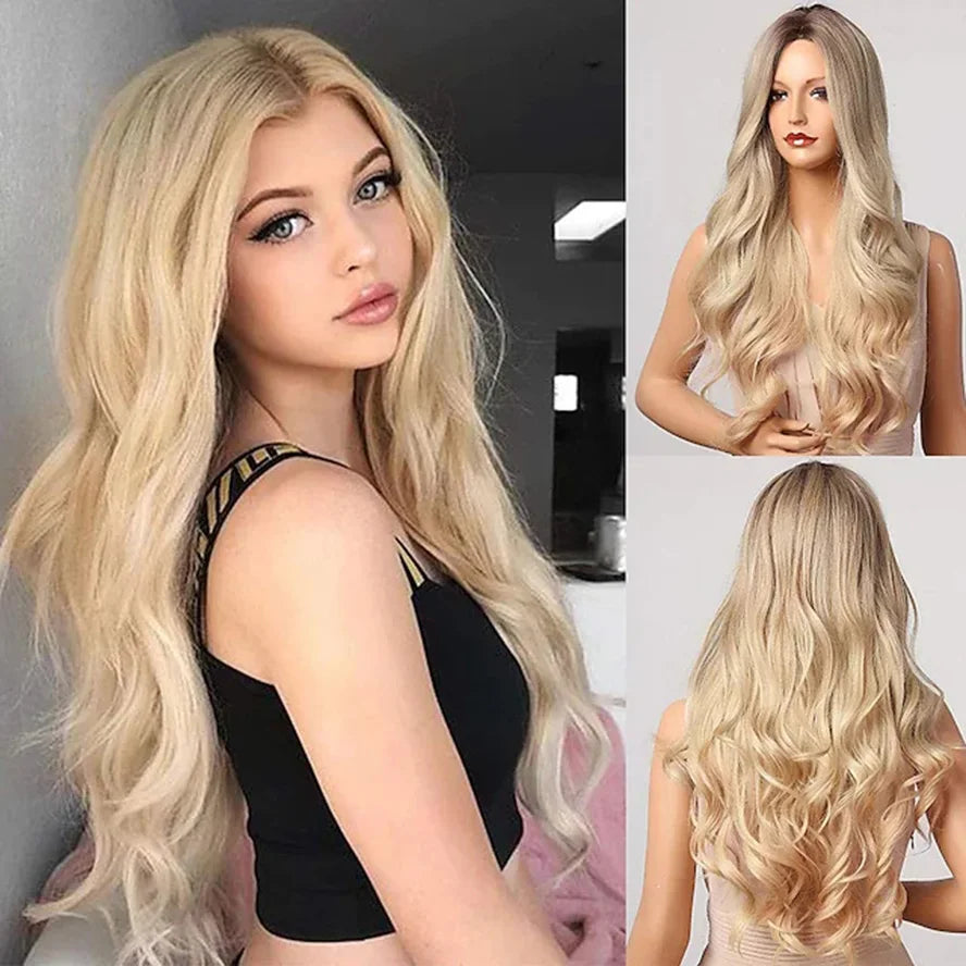 Brown Gradient Gold Ladies Wigs Medium-Length Curly Hair Natural Wavy Wigs White Female Wigs Daily Wigs Blonde Wigs for Women