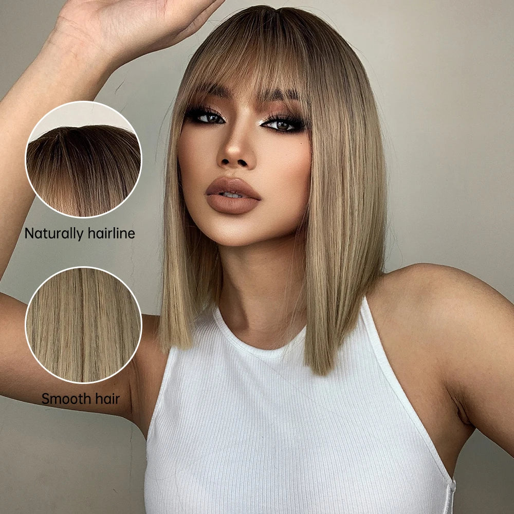 ALAN EATON Blonde Synthetic Bangs Wigs Short Straight Mixed Brown Wigs for Black Women Daily Cosplay Party Use Heat Resistant