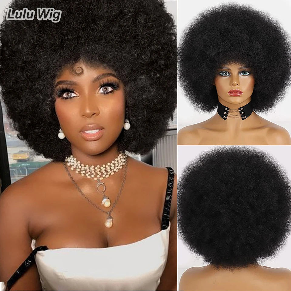 Short Synthetic wig Afro Kinky Curly Wigs With Bangs For Black Women African Synthetic Ombre Glueless Cosplay Black Wig