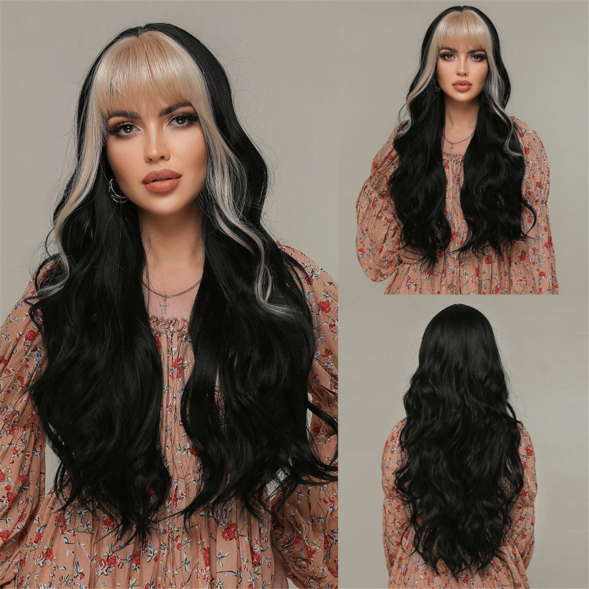 HENRY MARGU Long Natural Wavy Platinum Blonde Wigs with Bangs Cosplay Party Lolita Synthetic Wigs for Women Heat Resistant Fiber