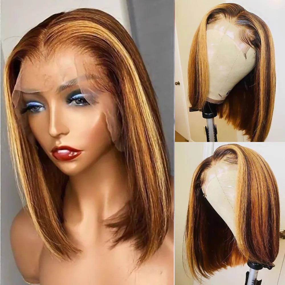 Short Ombre Honey Blonde Bob Wig With Baby Hair Honey Brown Straight Human Hair Wigs Lace Part 1b27 Brown Wigs For Black Women