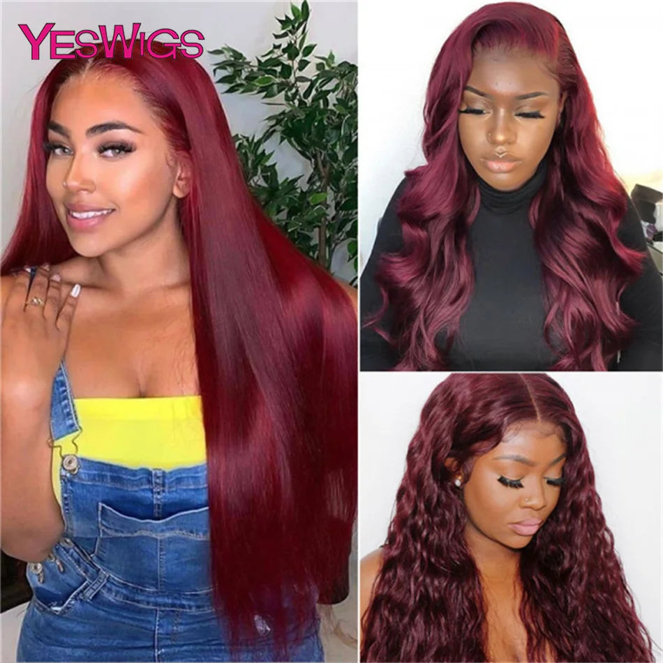 HD Burgundy 99J Straight 13x4 Lace Front Human Hair Wigs For Women Glueless Pre Pluck Wine Red Colored Lace Frontal Closure Wig