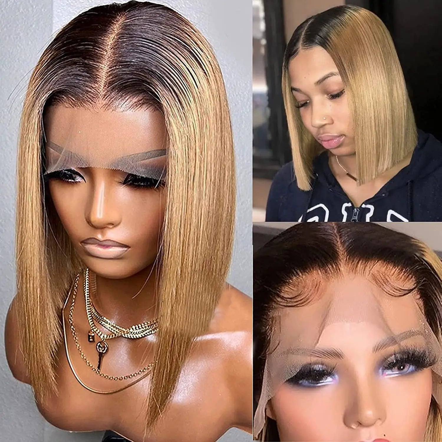 Short Ombre Honey Blonde Bob Wig With Baby Hair Honey Brown Straight Human Hair Wigs Lace Part 1b27 Brown Wigs For Black Women