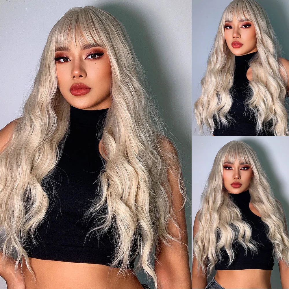 HENRY MARGU Long Natural Wavy Platinum Blonde Wigs with Bangs Cosplay Party Lolita Synthetic Wigs for Women Heat Resistant Fiber