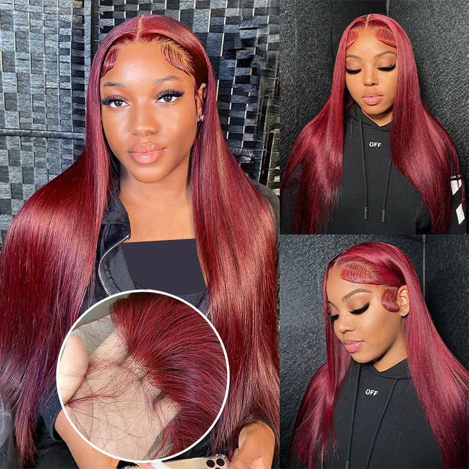 Wiggogo Bone Straight Lace Front Wigs Human Hair 99J Burgundy Lace Front Wig 13X4 13X6 Hd Lace Frontal Wigs Glueless Red Wigs