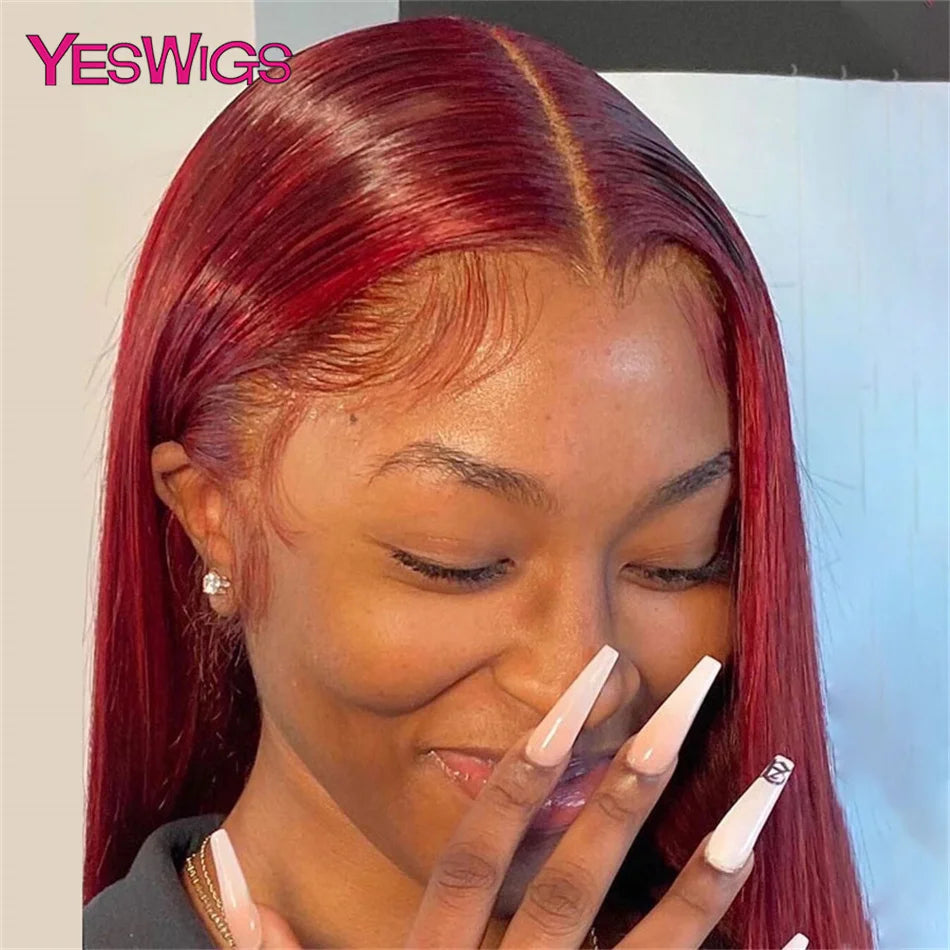 HD Burgundy 99J Straight 13x4 Lace Front Human Hair Wigs For Women Glueless Pre Pluck Wine Red Colored Lace Frontal Closure Wig