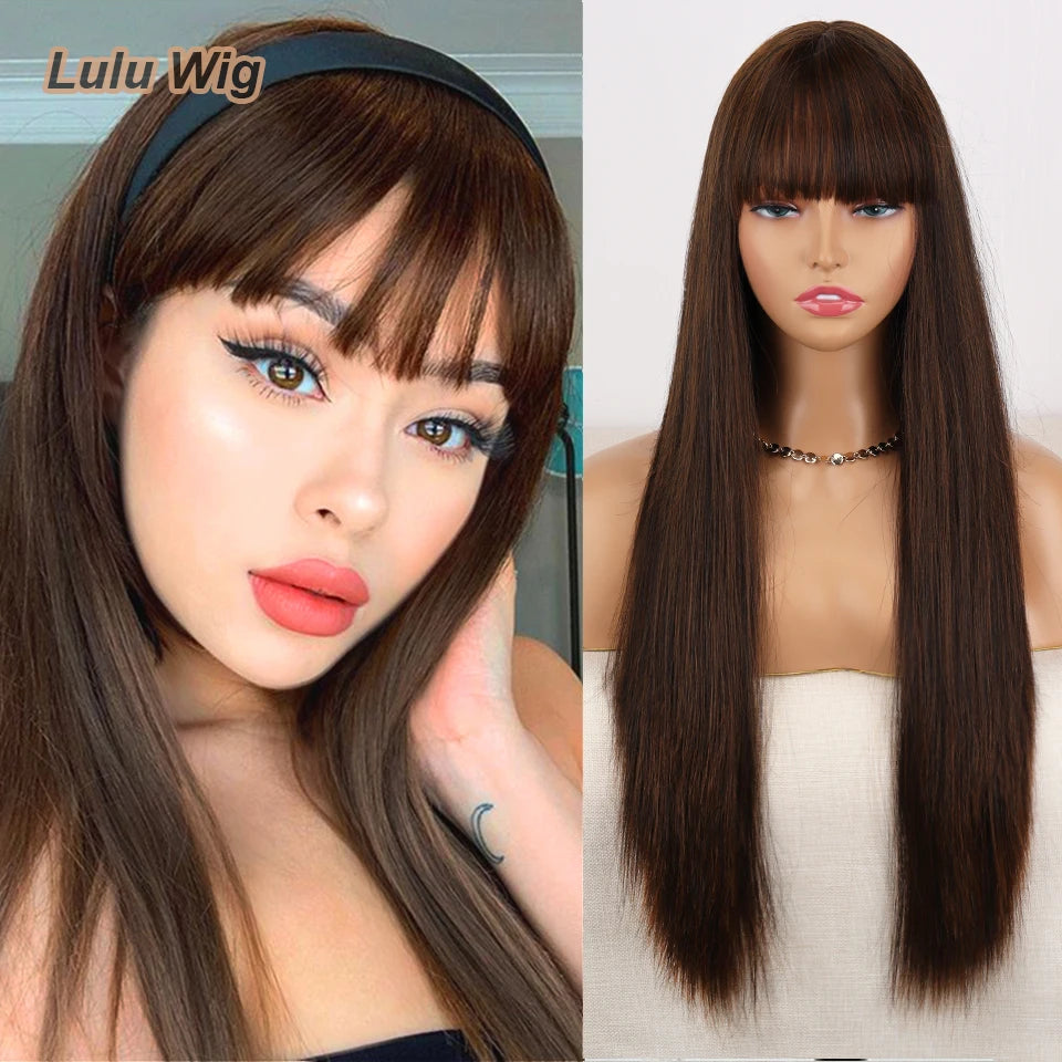 Long Straight Wine Red Wig With Bang Synthetic Wigs for Women Heat Resistant Natural Hair for Daily Halloween Cosplay Party