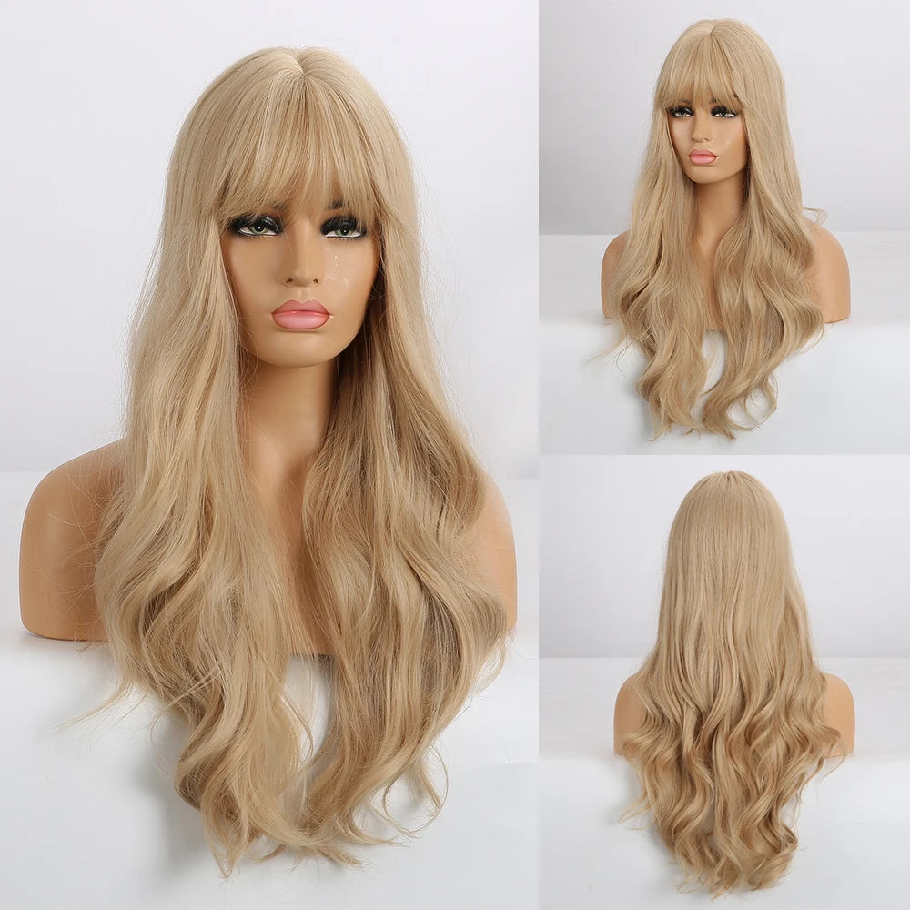 HENRY MARGU Long Natural Wavy Platinum Blonde Wigs with Bangs Cosplay Party Lolita Synthetic Wigs for Women Heat Resistant Fiber