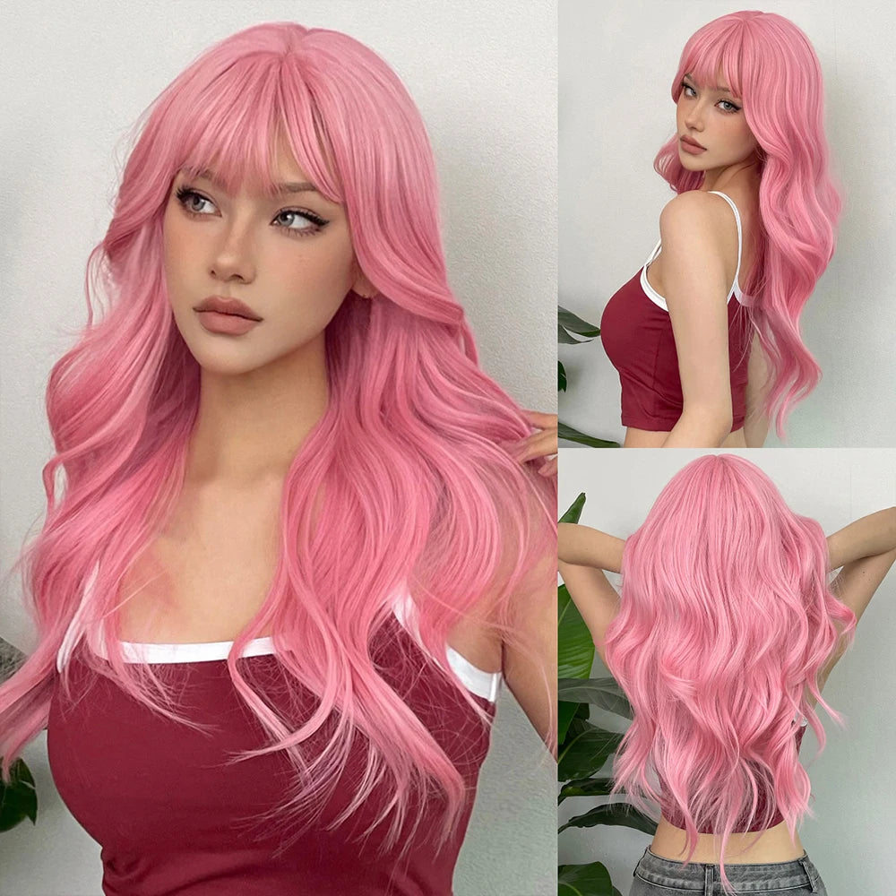 HENRY MARGU Long Natural Wavy Platinum Blonde Wigs with Bangs Cosplay Party Lolita Synthetic Wigs for Women Heat Resistant Fiber