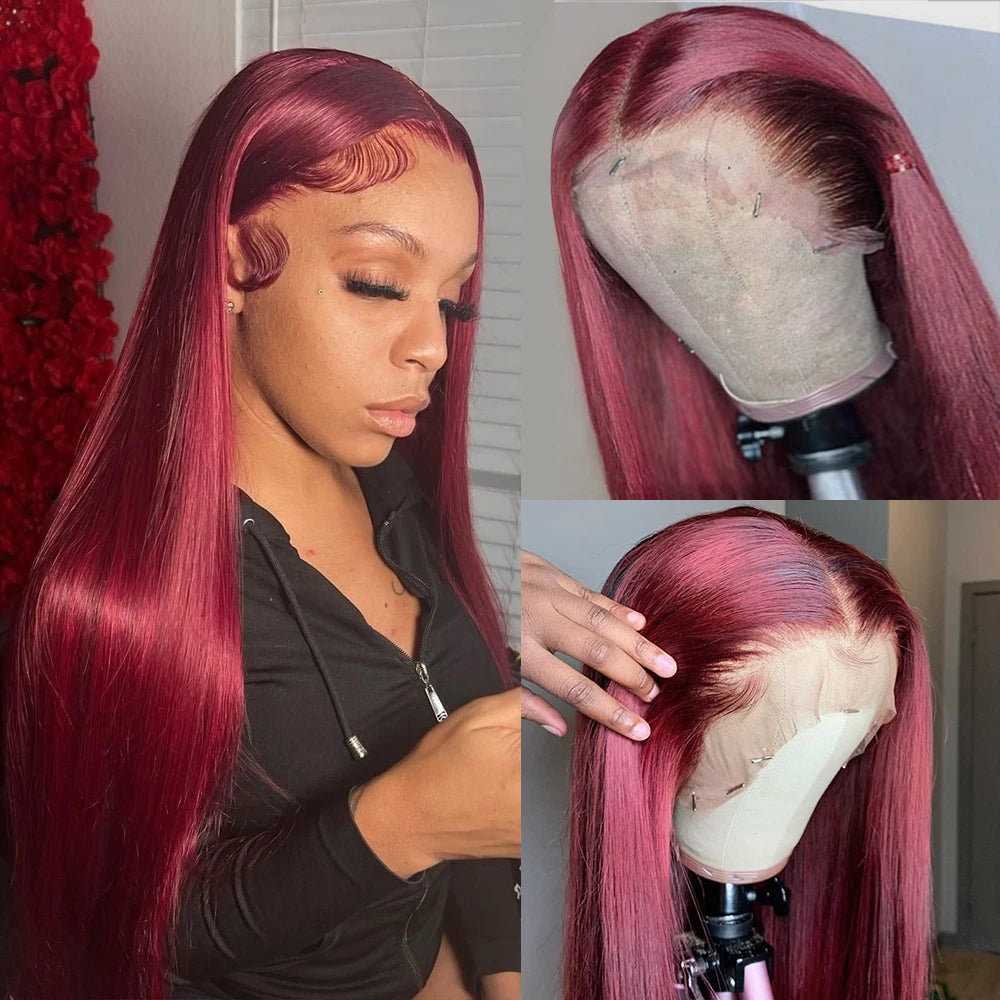 Wiggogo Bone Straight Lace Front Wigs Human Hair 99J Burgundy Lace Front Wig 13X4 13X6 Hd Lace Frontal Wigs Glueless Red Wigs